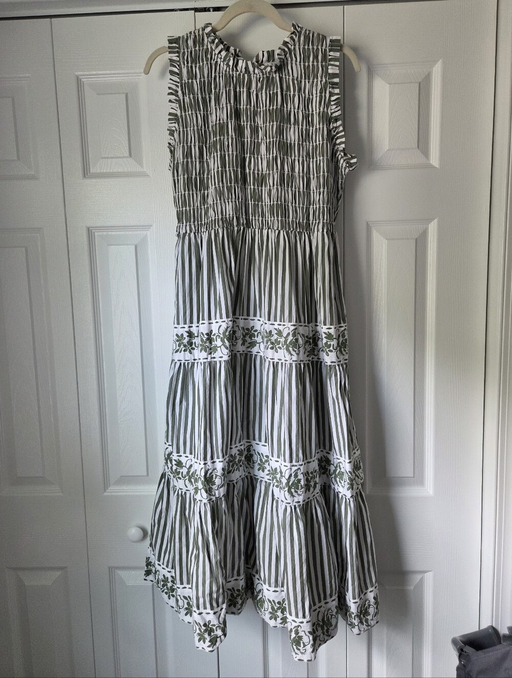Crown & Ivy Sleeveless Green Striped Print Smocked Midi Dress